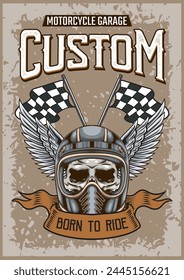 Vector Illustration of Skull Wearing Helmet with Wings, and Two Flags with Vintage Illustration Available for Vintage Poster