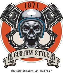 Vector Illustration of Skull Wearing Helmet and Two Pistons with Vintage Illustration Available for Logo Badge