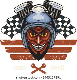 Vector Illustration of Skull Wearing Helmet with Two Pistons and Flags with Vintage Illustration Available for Logo Badge
