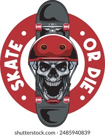 Vector Illustration of Skull Wearing Helmet and Skateboard with Vintage Illustration Available for Tshirt Design