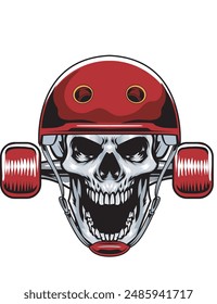 Vector Illustration of Skull Wearing Helmet and Skateboard Wheel with Vintage Illustration Available for Tshirt Design