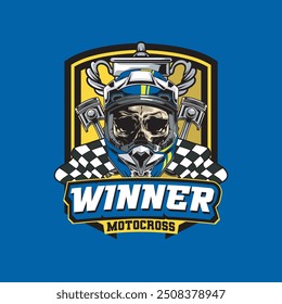 Vector Illustration of Skull Wearing Helmet with Racing Flags, Trophy and Pistons in Vintage Illustration Available for Tshirt Design