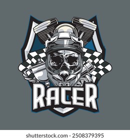 Vector Illustration of Skull Wearing Helmet with Racing Flags, Trophy and Engines in Vintage Illustration Available for Tshirt Design