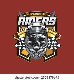 Vector Illustration of Skull Wearing Helmet with Racing Flags and Trophy in Vintage Illustration Available for Tshirt Design