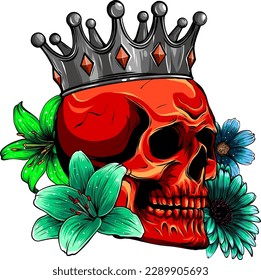 vector illustration skull wearing a king crown on white background.