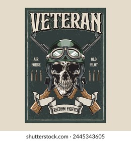 Vector Illustration of Skull Wearing Soldier Helmet and Two AK47 with Vintage Illustration Available for Vintage Poster
