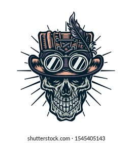 Vector illustration of skull wearing a  steampunk hat
