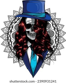 vector illustration of skull wearing suit and hat