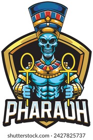 Calavera con traje tradicional egipcio que lleva símbolos egipcios con el logotipo de Esport de texto PHARAOH