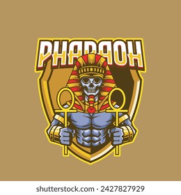 Calavera con traje tradicional egipcio que lleva símbolos egipcios con el logotipo de Esport de texto PHARAOH