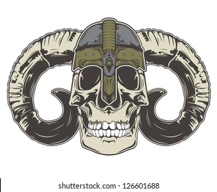 A vector illustration of a skull wearing a viking helmet.