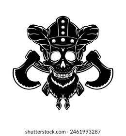 A vector illustration of a skull wearing a viking helmet. Viking Skull With Axes isolated on white background, viking emblem, logotype