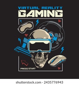 Vector Illustration of Skull wearing VR Glasses, Game Steering Wheel and Mouse with Vintage Hand Drawing Style Available for Tshirt Design