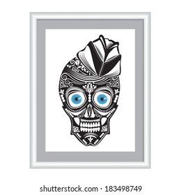 Vector illustration of a skull in a white frame
