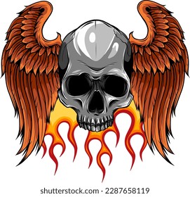 vector illustration of skull with wings and fire on white background. digital hand draw