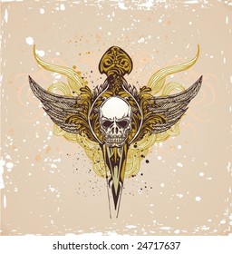 vector illustration of skull with wings on grunge background