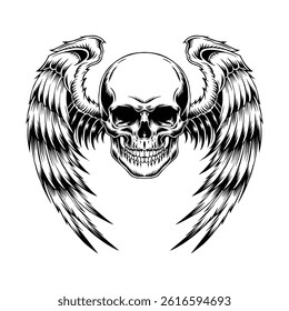 Vector illustration of a skull with wings on a white background