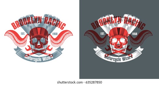 Vector illustration. Skull with wings on the background of the bike of the motorcycle. Design graphics for T-shirts posters and flyers