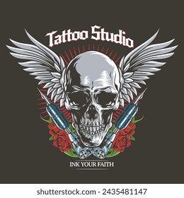 Vector Illustration of Skull with Wings, Roses and Tattoo Tools with Vintage Hand Drawing Style Available for Tshirt Design