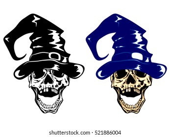 Vector illustration skull with witch hat.