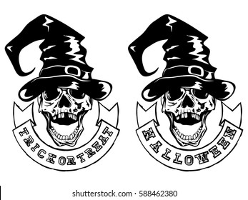 Vector illustration skull with witch hat and lettering halloween and trick or tread. 