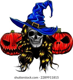 vector illustration of skull witch with pumpkin on white background