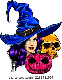 vector illustration of skull witch with pumpkin on white background