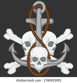 Vector illustration of skulls with an anchor with rope and bones, all on dark background, easy to edit