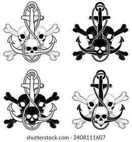 Vector illustration of skulls with an anchor with rope and bones, all on dark background, easy to edit