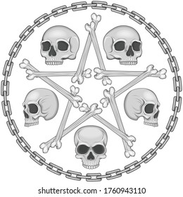 Vector illustration of skulls with bone star surrounded by a chain circle, with sparkles and shadows, on white background