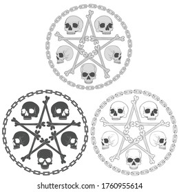 Vector illustration of skulls with bone stara surrounded by a chain circle, in grayscale