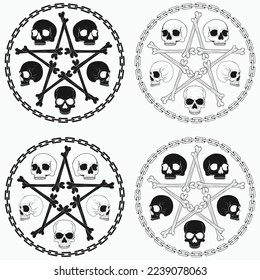 Vector illustration of skulls with bone stara surrounded by a chain circle, in grayscale