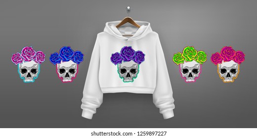 Vector illustration of skulls with colorful roses set and printed on white realistic hoodie isolated on gray background