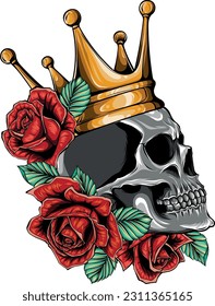 vector illustration of skulls crown and red roses on white background