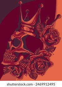 vector illustration of skulls crown and red roses on white background