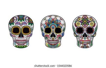 Vector illustration of skulls decorated with patterns.