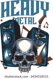 Vector Illustration of Skulls, Guitar and Active Speakers with Hand Drawing Style Available for Tshirt Design