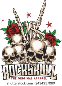 Vector Illustration of Skulls, Hand Bones and Roses with Hand Drawing Style Available for Tshirt Design
