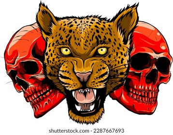 vector illustration skulls head with leopard. digital hand draw