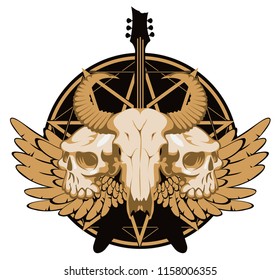 Vector illustration with skulls of a horned animal and human, electric guitar and wings on the background of the Satan star. Creative illustration for t-shirt design in modern style
