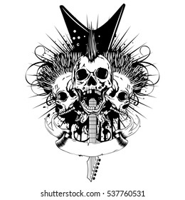 Vector illustration skulls with mohawk haircut and crossed electric guitars on grunge background. Design punk rock sign for t-shirt or poster print