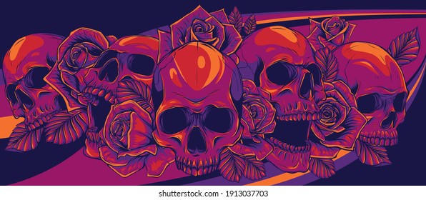 Vector illustration skulls and roses colored background