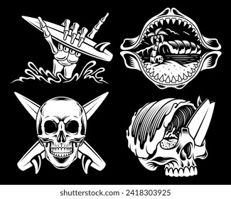 Vector illustration skulls with surfing and summer themes. For t-shirts, stickers and other similar products.
