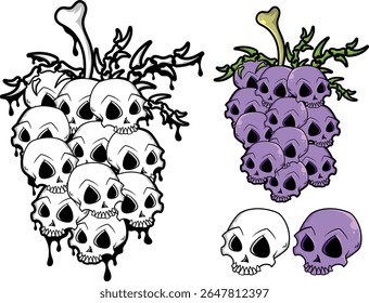 Ilustração vetorial de uma uva em forma de crânio com um estilo de horror único, adequado para design de tatuagem, cartaz ou mercadoria com temas de arte gótica e escura.
