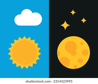 Ilustración vectorial del fondo del cielo, día y noche. Día con sol y nube sobre fondo azul. Noche con luna llena y estrellas.