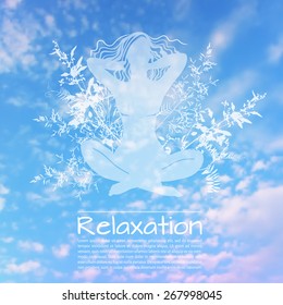 Vector illustration. Sky background with silhouette girl relaxing and herbs. Ecology and clean air