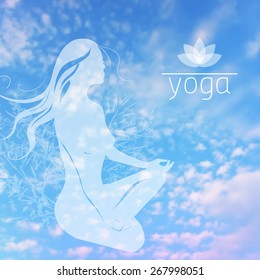 Vector illustration. Sky background with silhouette Girl in the lotus position, and herbs. Ecology and clean air