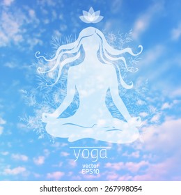 Vector illustration. Sky background with silhouette Girl in the lotus position, and herbs. Ecology and clean air