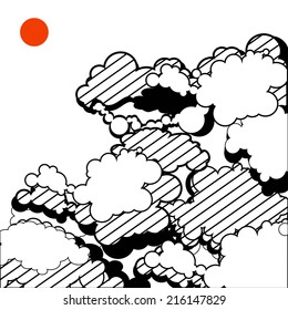 Vector illustration of the sky. Black and white with red accent.