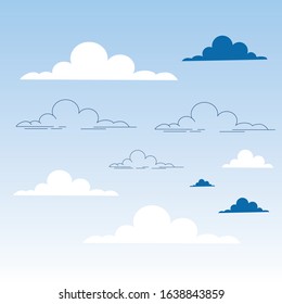 vector illustration sky and clouds drawn with lines, blue white